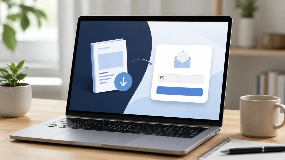 Website visitor exchanging an email address for a useful digital resource on a clean landing page, no text, no characters, no logos