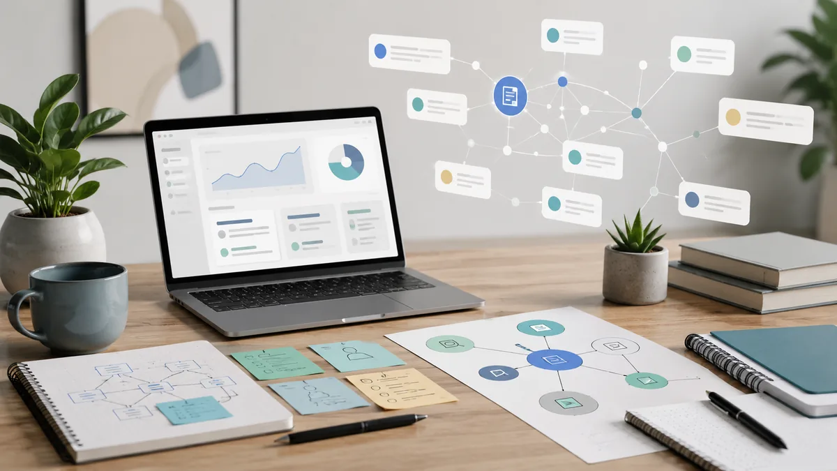 Clean modern workspace with website content planning notes, search intent diagrams and abstract connected topic nodes, no text, no logos, no characters
