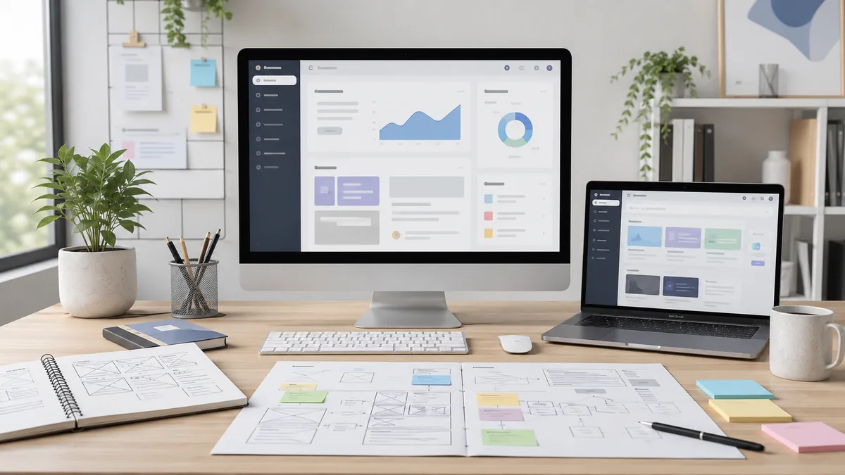 Modern website content management workspace with generic dashboard screens and planning notes, no text, no logos, no characters