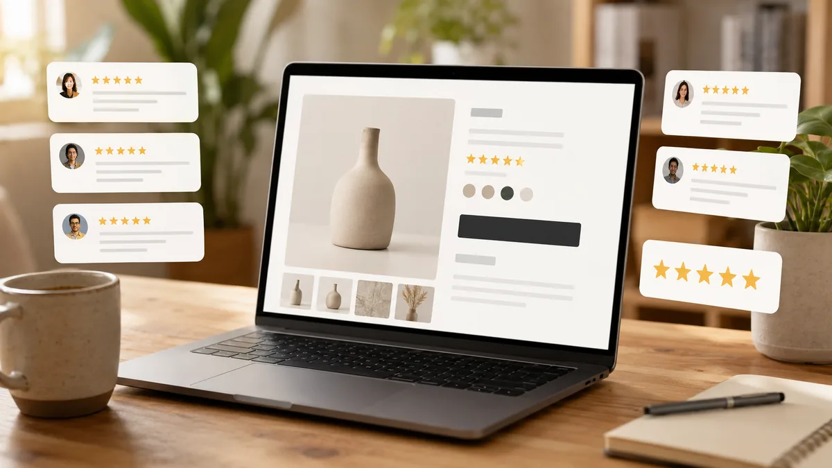 Clean ecommerce website product page with customer review cards on a laptop, warm natural desk setting, no text, no people, no logos