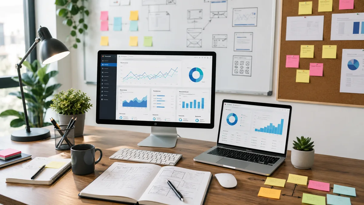 Modern SEO workspace with search query notes, content planning board and website analytics dashboard, no text, no logos, no characters
