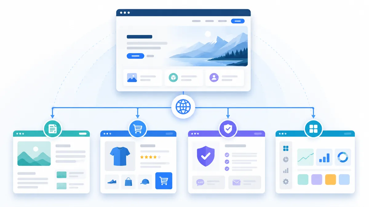 Clean website architecture diagram concept with a main domain connected to blog, shop, support and app sections, no text, no logos, no characters