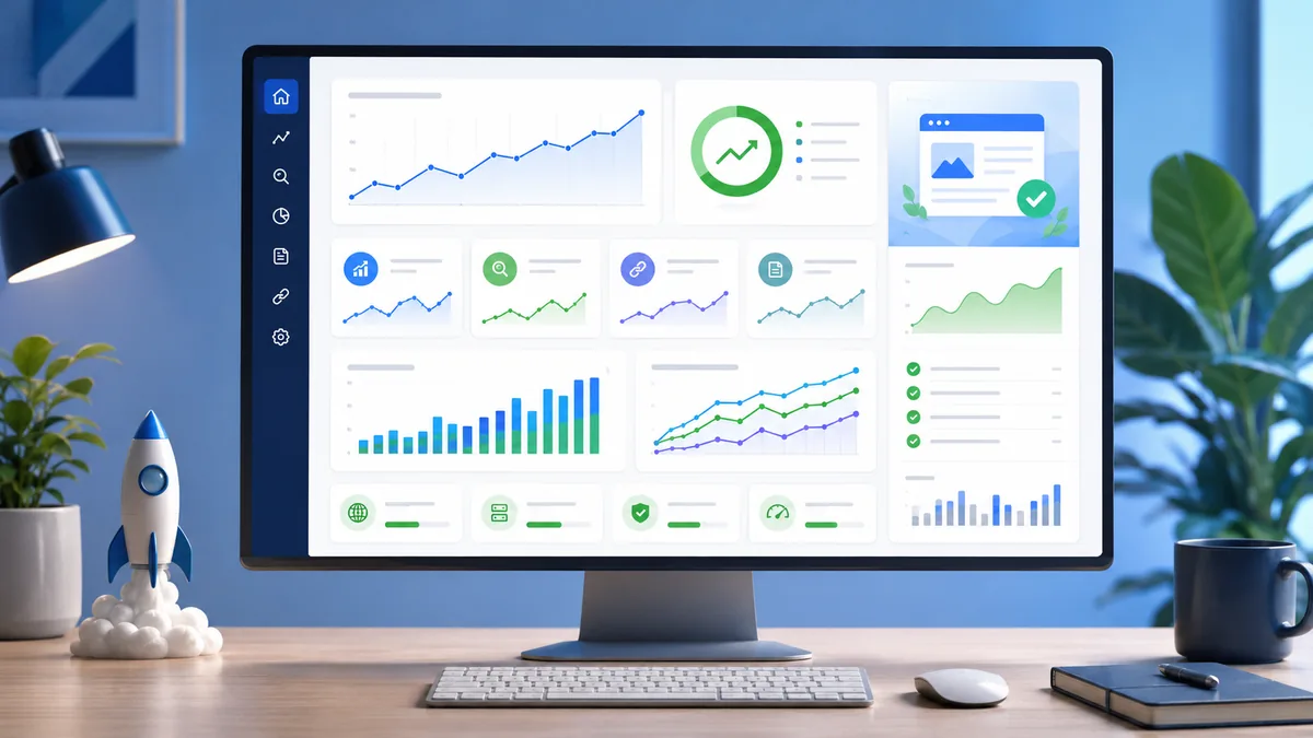 New website SEO monitoring dashboard with search ranking charts, no text, no people, no logos