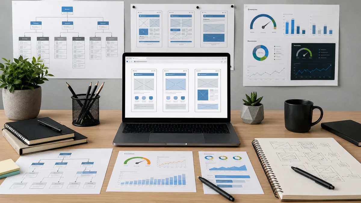 Clean website performance audit workspace with laptop browser layouts, page structure diagrams and speed metrics, no text, no people, no logos