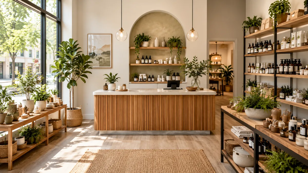 Bright local business interior with service counter, product display and natural light, no text, no logos, no people