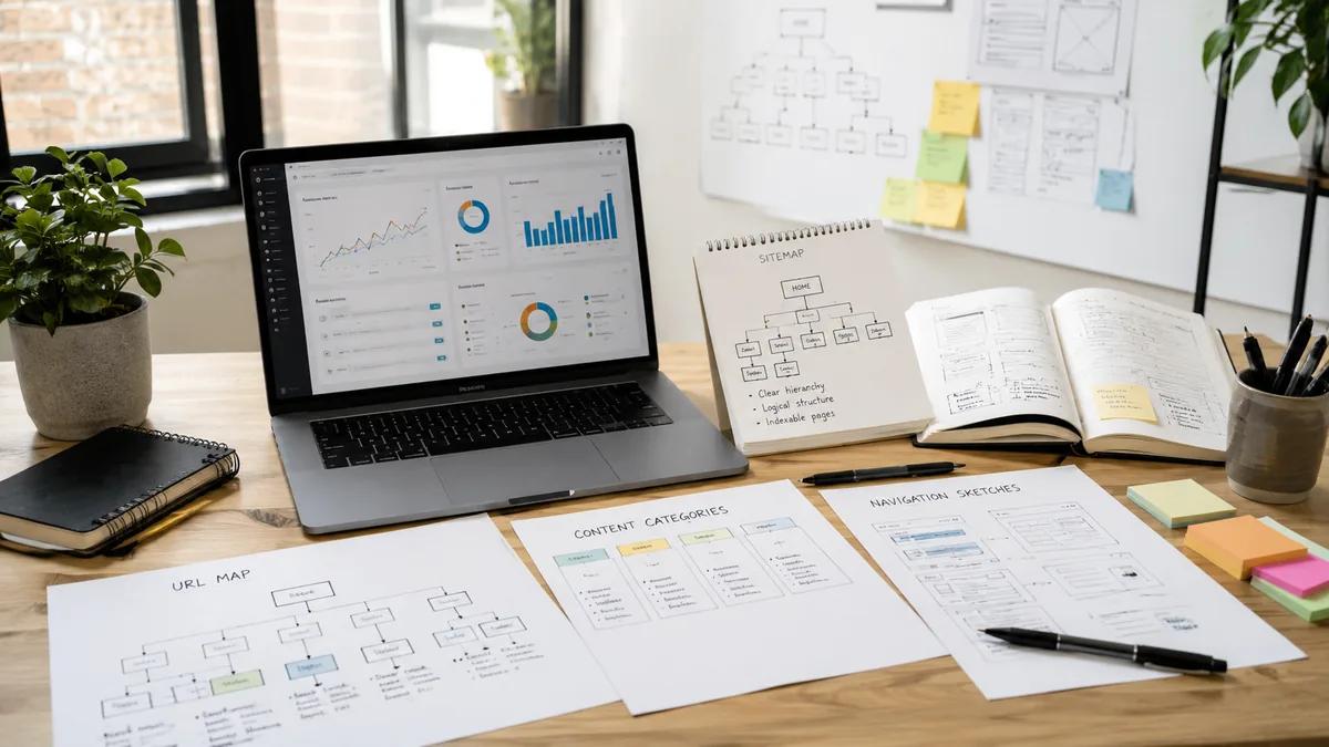 Modern SEO planning workspace with URL map, content categories, website navigation sketches and analytics dashboard, no text, no logos, no people