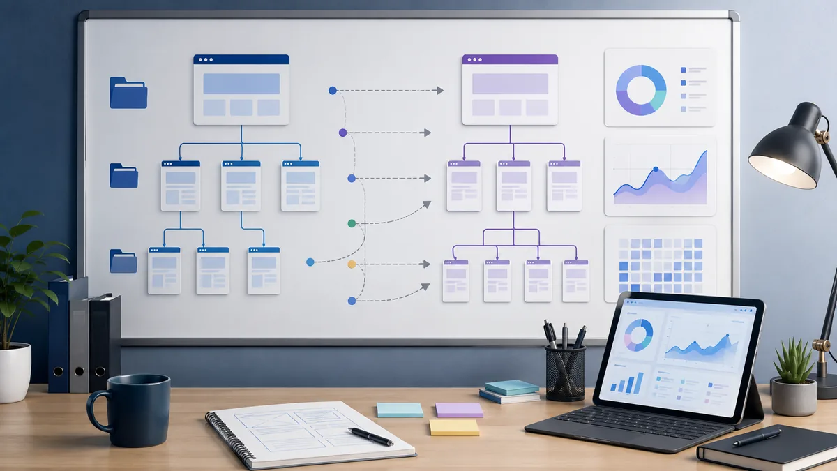 Website URL migration planning board with old and new page paths, redirect arrows and analytics dashboard, no text, no logos, no people