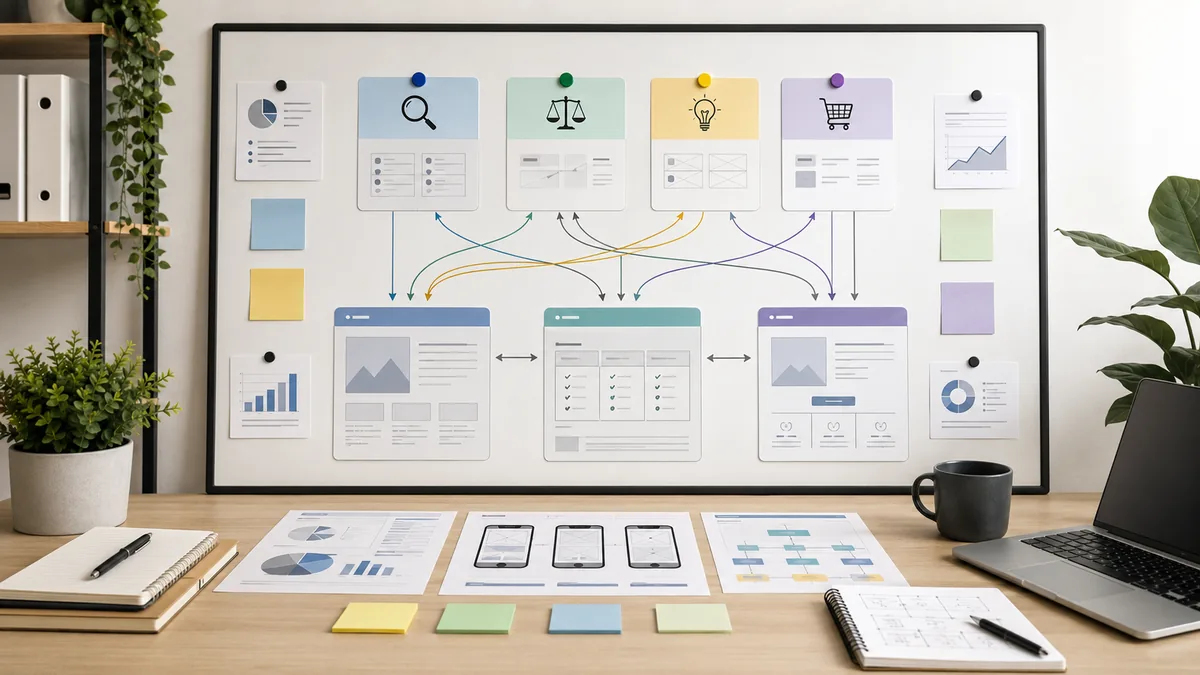 Content strategy board mapping search intent to blog article, comparison page and service landing page, no text, no logos, no people