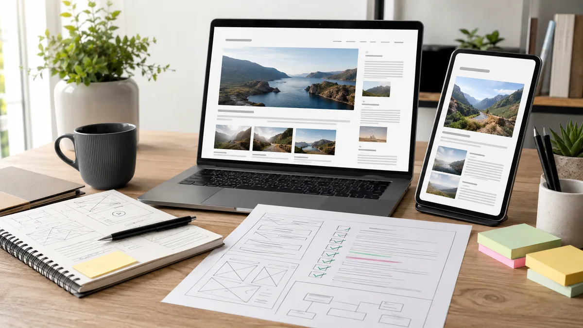 Website content planning workspace with large editorial article images, SEO checklist and mobile layout concept, no text, no people, no logos, no copyrighted brands