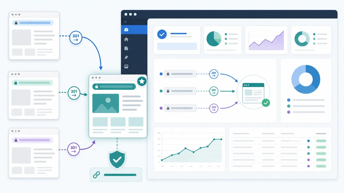 Minimal WordPress website management dashboard concept with canonical URL and redirect flow represented by generic browser windows, no text, no people, no logos