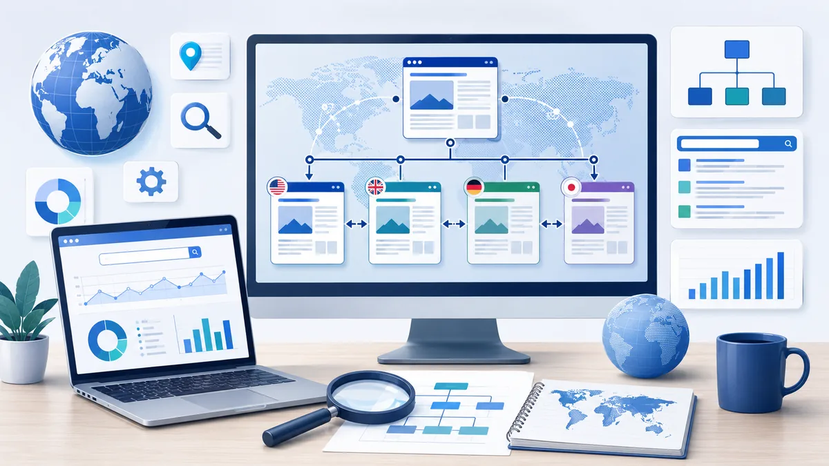 Professional website SEO workspace showing localized pages connected through hreflang relationships, no text, no people, no logos