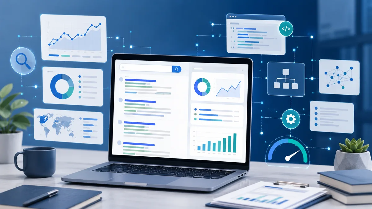 Website SEO optimization workspace with search result snippets, analytics charts and structured data concept, no text, no logos, no people