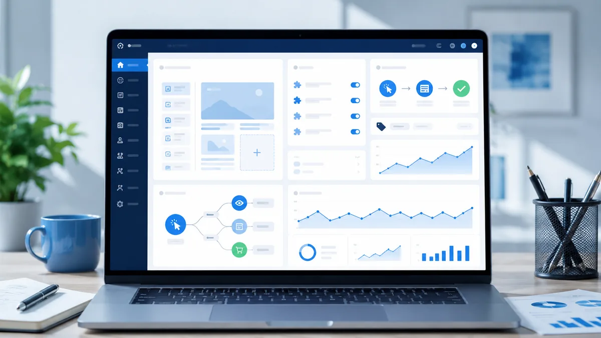 Professional WordPress website dashboard with generic event tracking setup and analytics charts, no text, no people, no logos