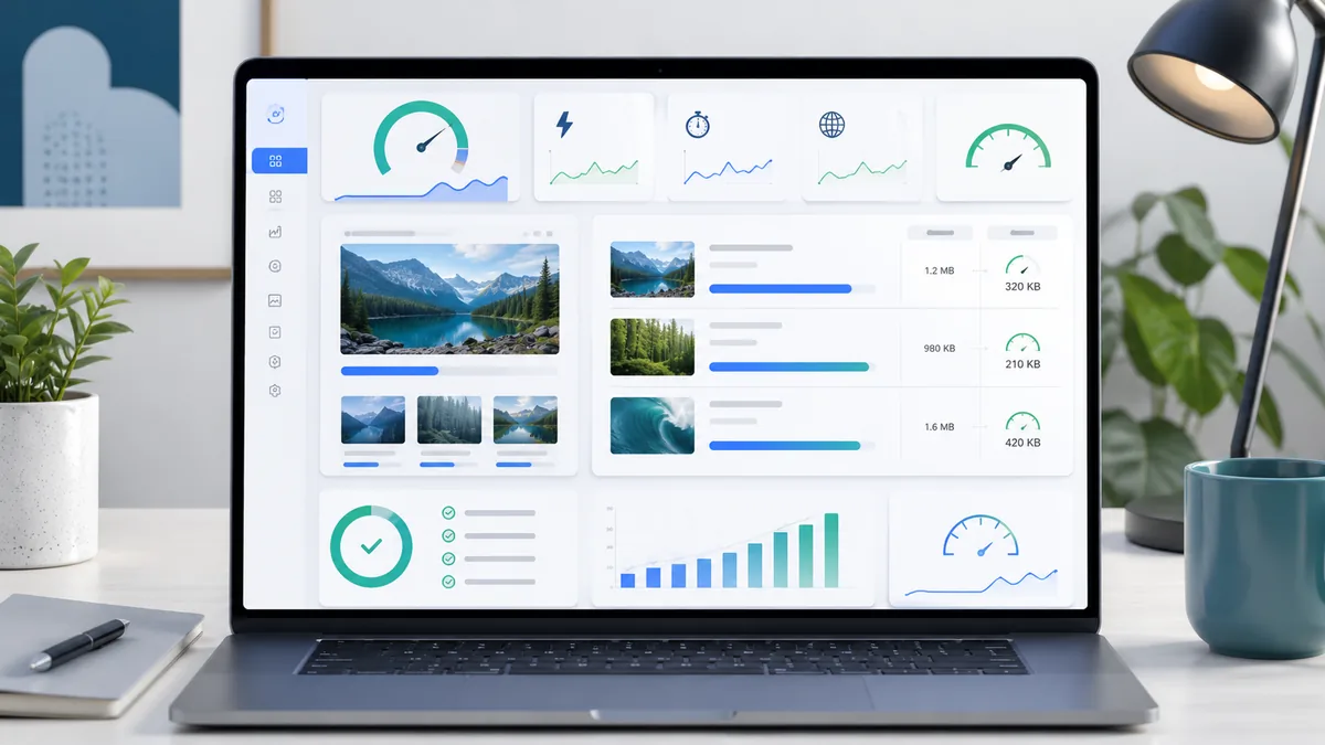 clean website performance audit workspace with image optimization cards and loading indicators, no text, no logos, no characters