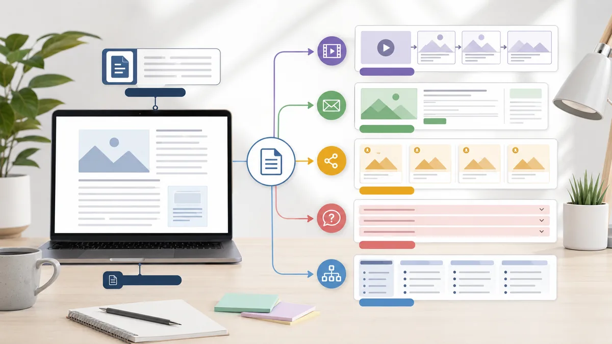 Clean content transformation concept with blog article, short video storyboard, email newsletter, social media cards and website FAQ layout, no text, no people, no logos