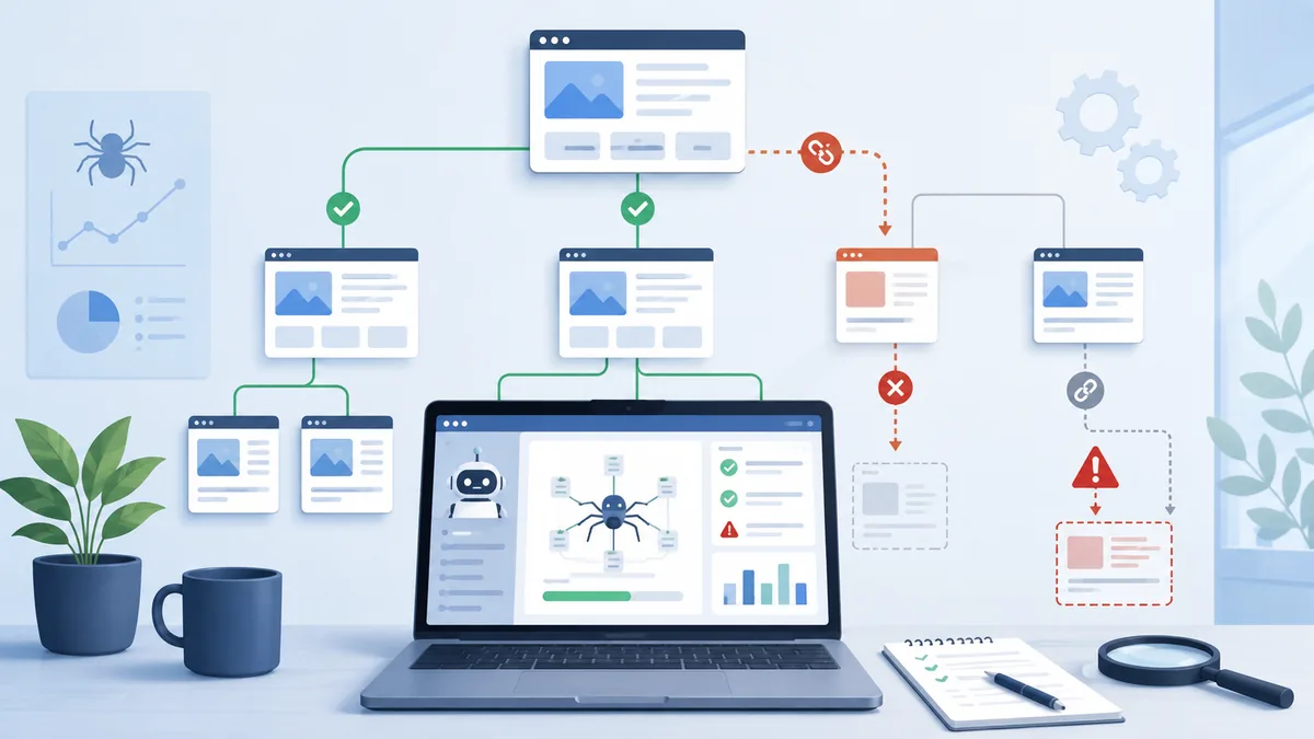 technical SEO workspace with website pages connected by links and broken route indicators, no text, no logos, no characters
