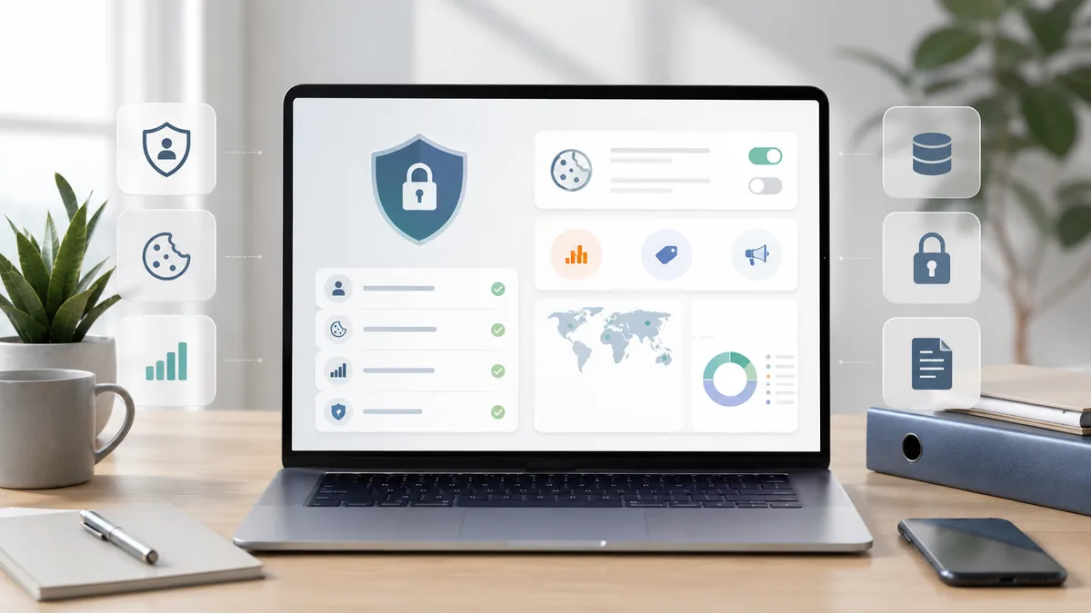 minimalist website compliance checklist with privacy settings and analytics tools no text no characters no logos