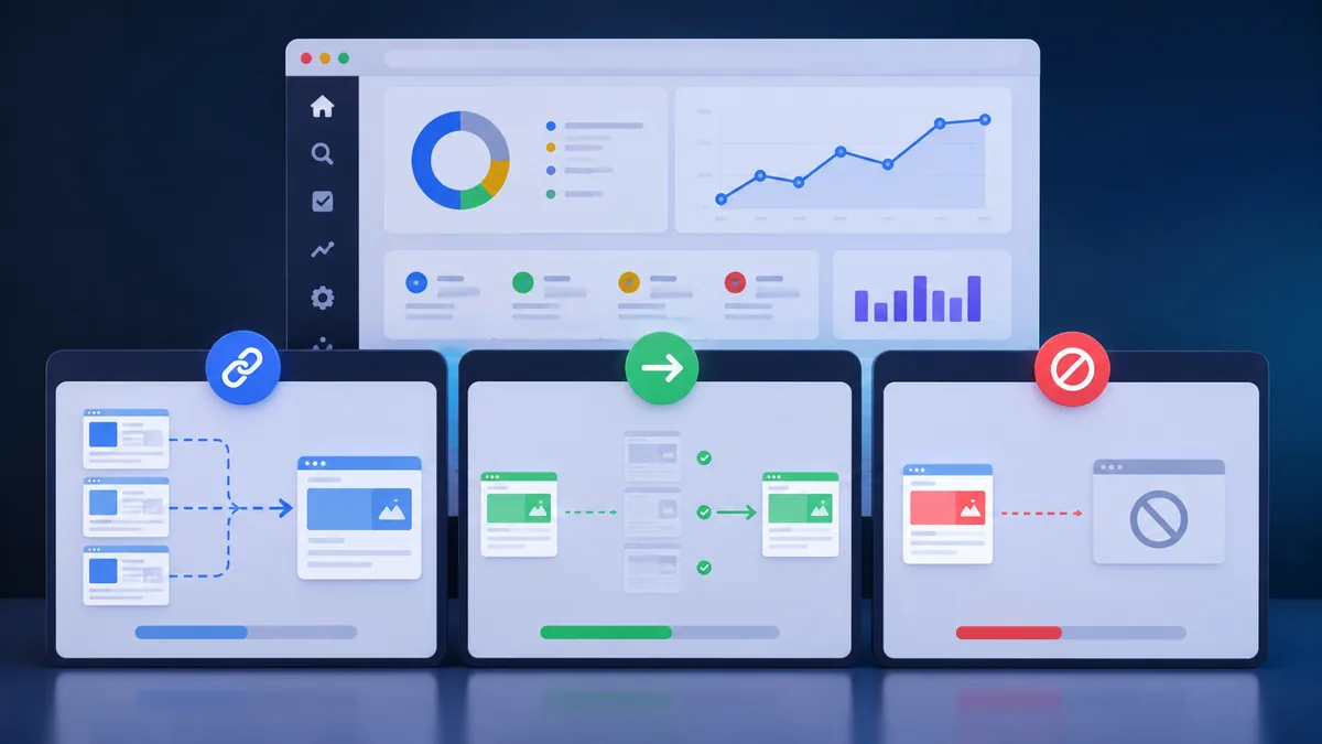 Technical SEO dashboard comparing canonical redirect and noindex signals, no text, no characters, no logos