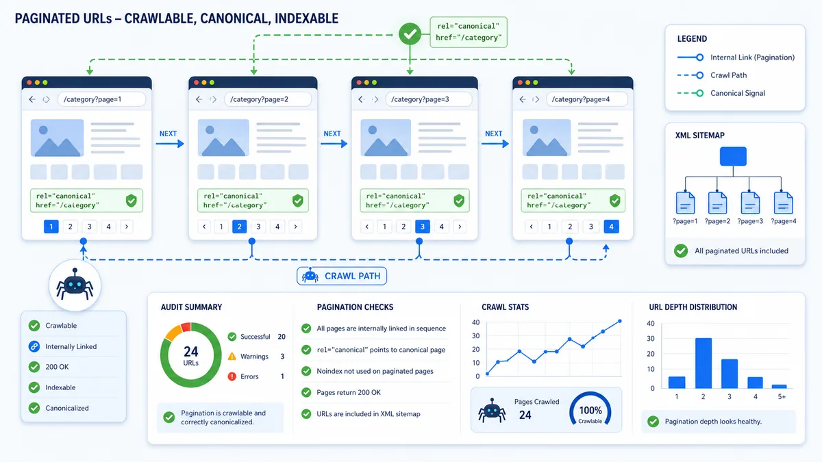 Technical SEO audit showing pagination URLs canonical signals and crawlable links, no text, no characters, no logos