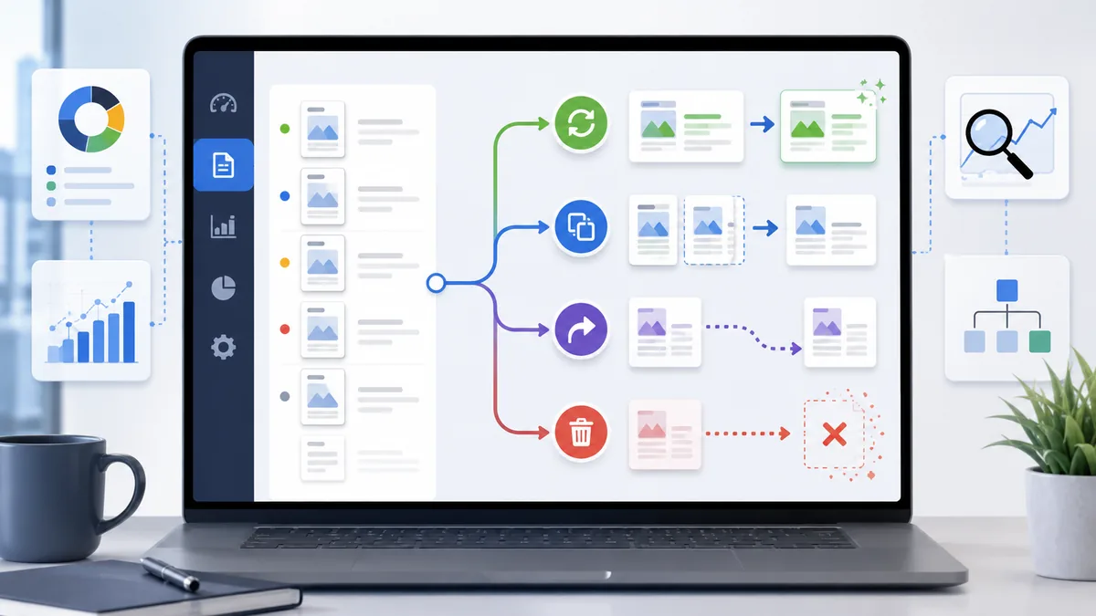 Content pruning decision workflow with update merge redirect and delete options, no text, no characters, no logos