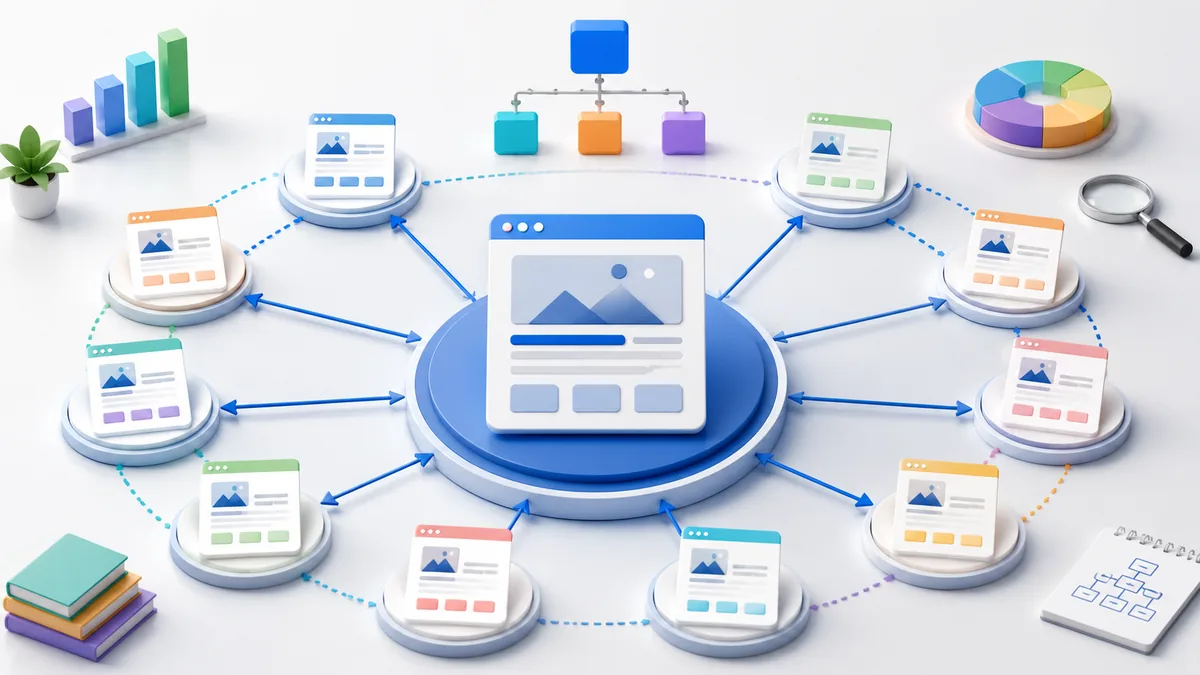 SEO topic cluster workflow with pillar page supporting articles and internal links, no text, no characters, no logos