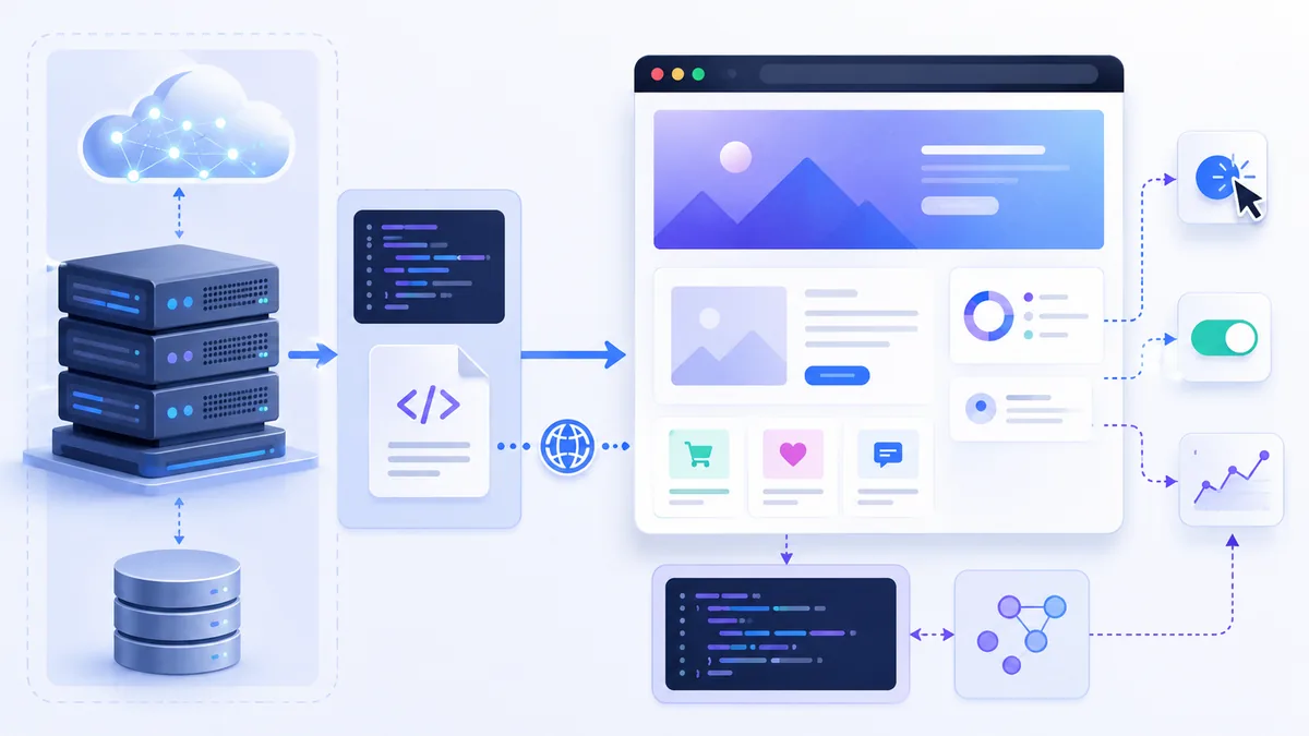Hybrid web rendering architecture with server HTML and browser interactions, no text, no characters, no logos
