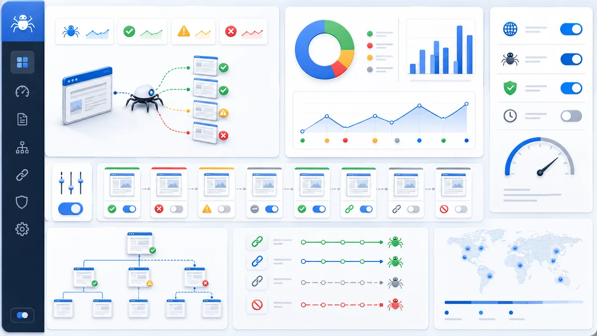 Website URL audit workflow separating indexable pages from noindex pages, no text, no characters, no logos