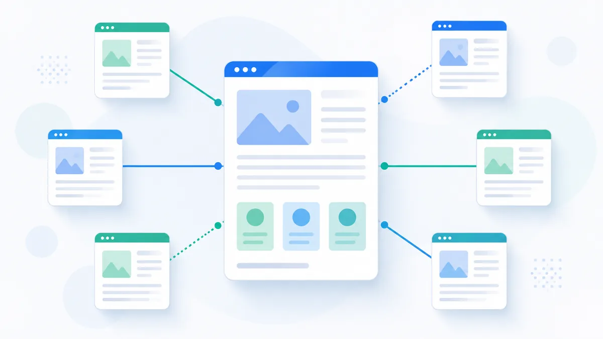 SEO content cluster with connected web pages and link attributes, no text, no characters, no logos