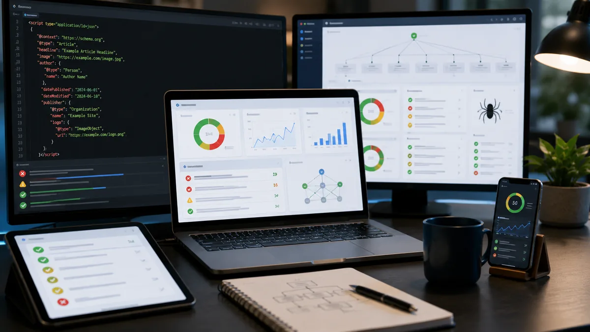 Technical SEO audit workspace checking schema errors and page accessibility, no text, no characters, no logos