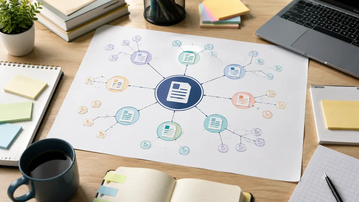 SEO content planning workspace with a central topic map and connected supporting pages, no text, no characters, no logos