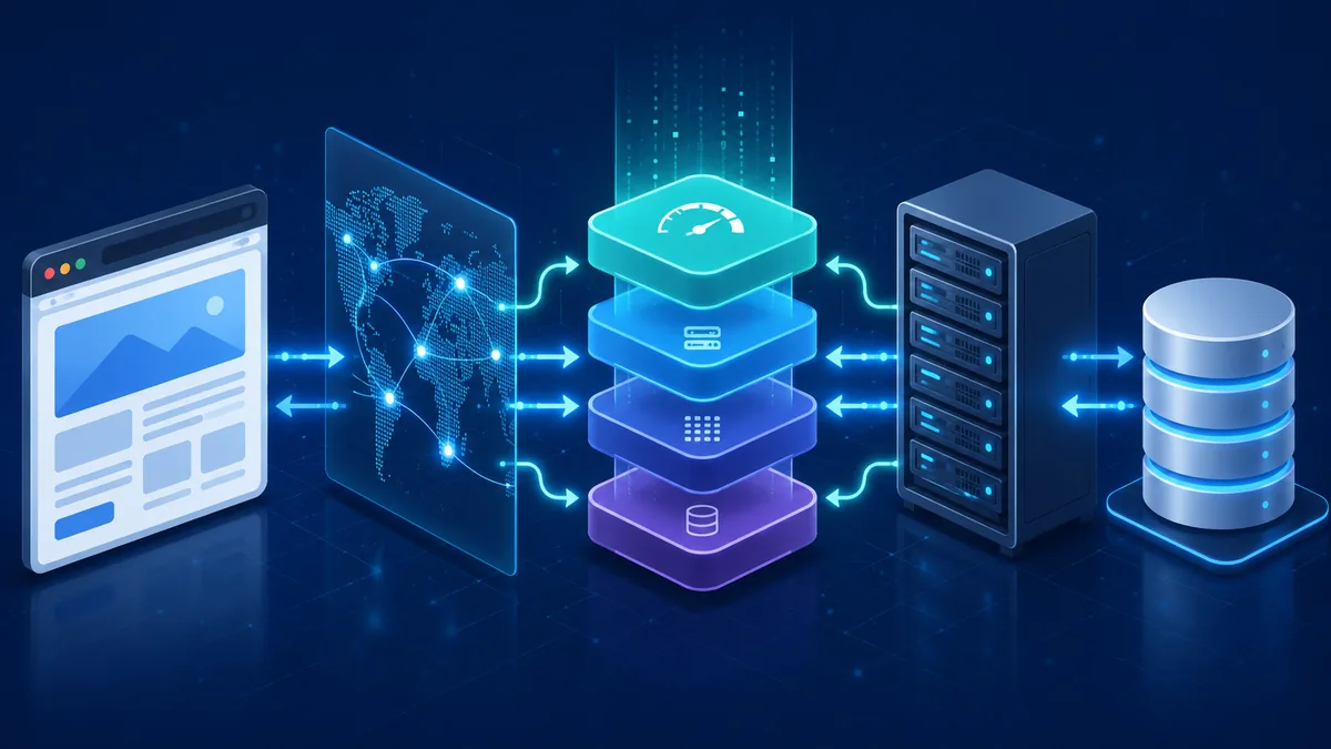 Multiple layers of website cache connecting browser CDN server and database, no text, no characters, no logos