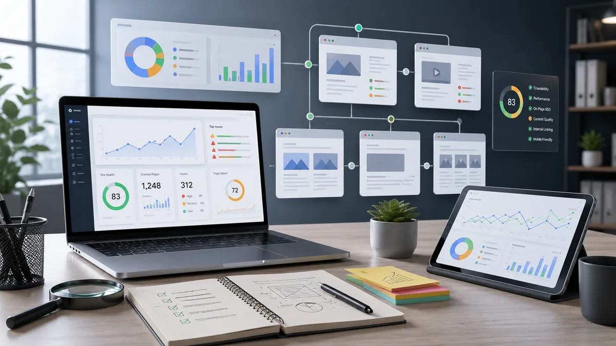 SEO audit workspace with analytics charts and connected webpage cards, no text, no characters, no logos