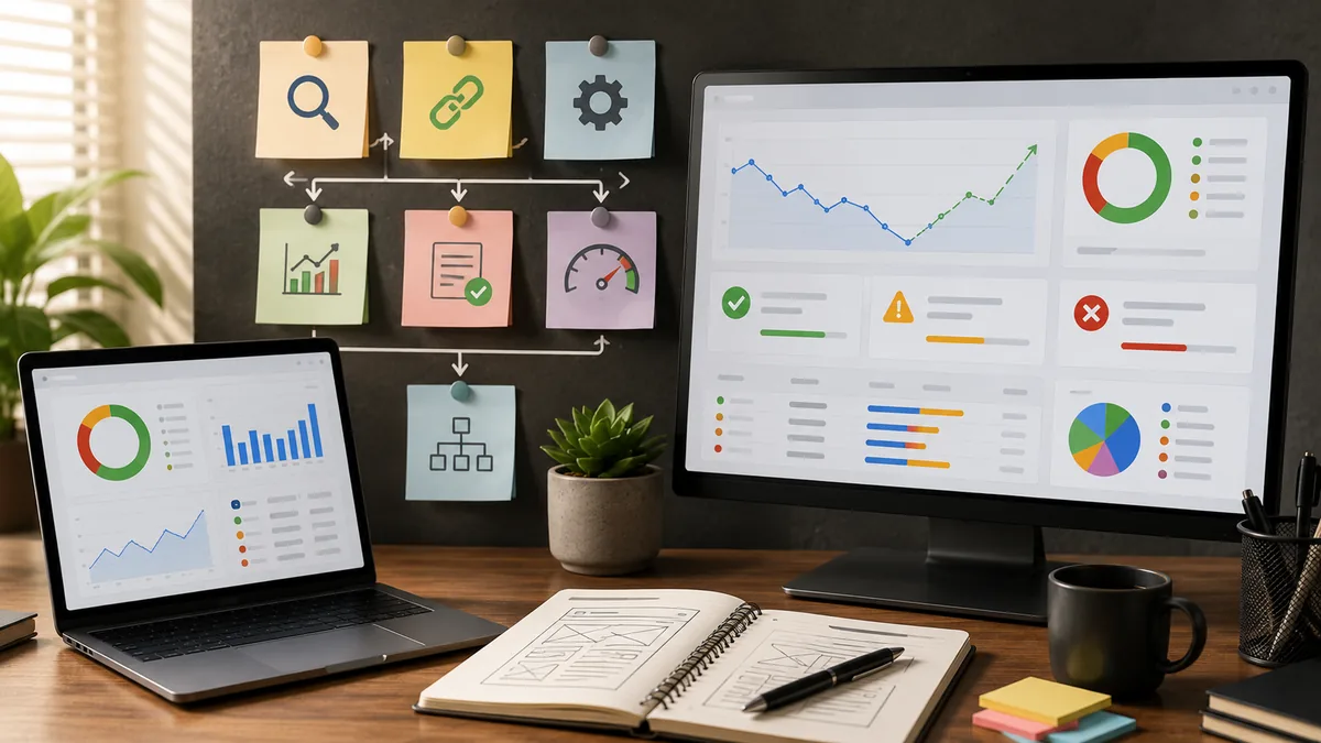 SEO recovery workspace with webpage audit cards backlinks and technical checks, no text, no characters, no logos