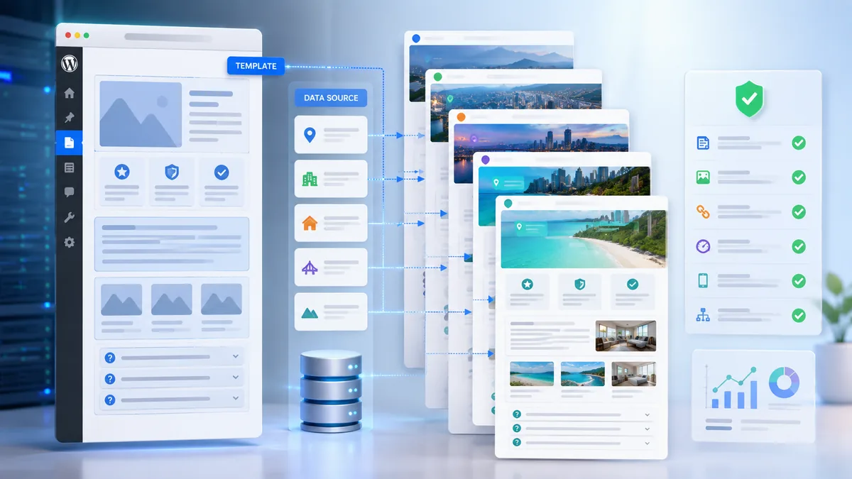 WordPress content template populated with unique location service data and quality checks, no text, no characters, no logos