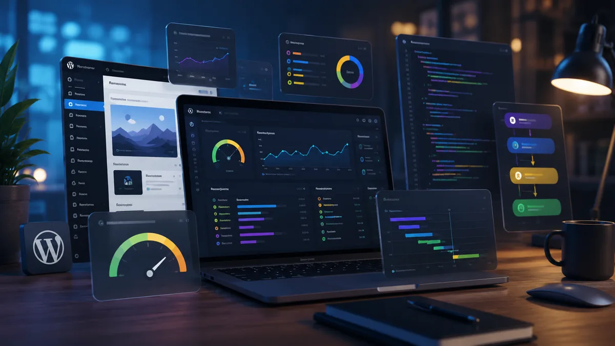 WordPress performance audit workspace with interactive interface components and JavaScript processing layers, no text, no characters, no logos
