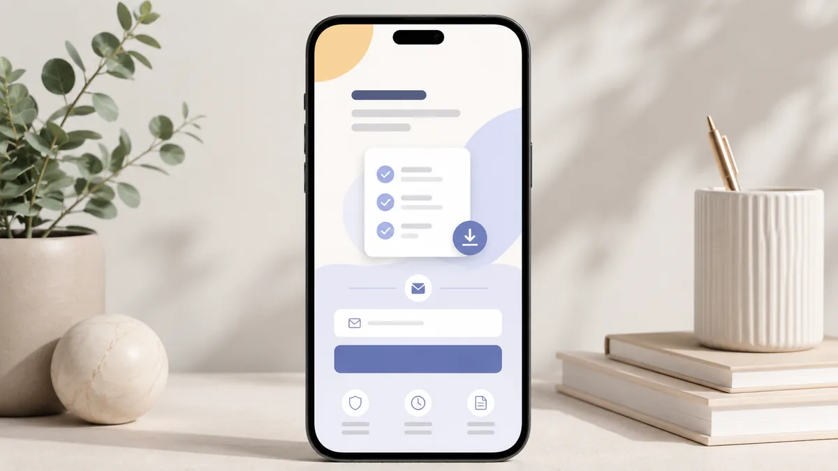 Mobile friendly lead generation landing page with a simple form and downloadable checklist preview, no text, no characters, no logos