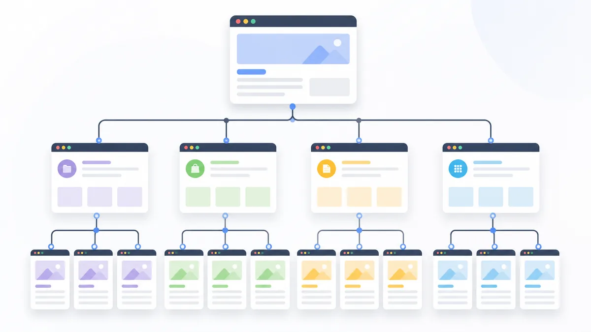 Clean website architecture with connected category and content pages, no text, no characters, no logos