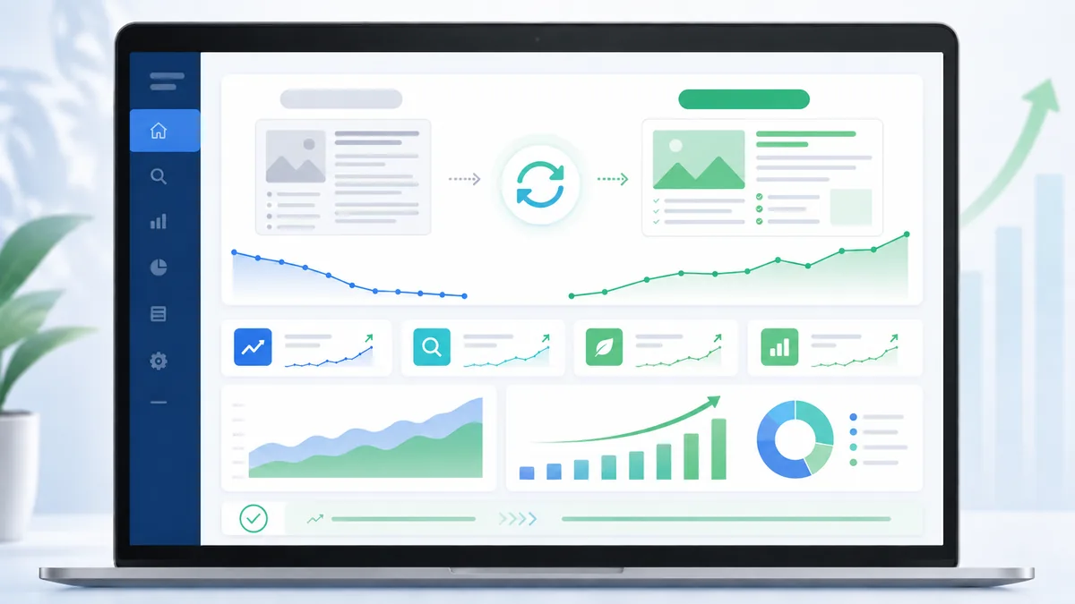 Editorial content refresh workflow with audit notes analytics charts and updated webpage sections, no text, no characters, no logos
