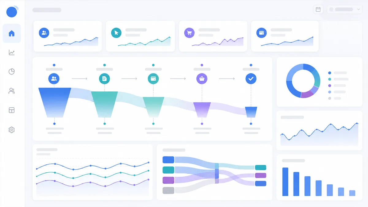 Website analytics dashboard showing visitor drop-offs across a conversion path, no text, no characters, no logos