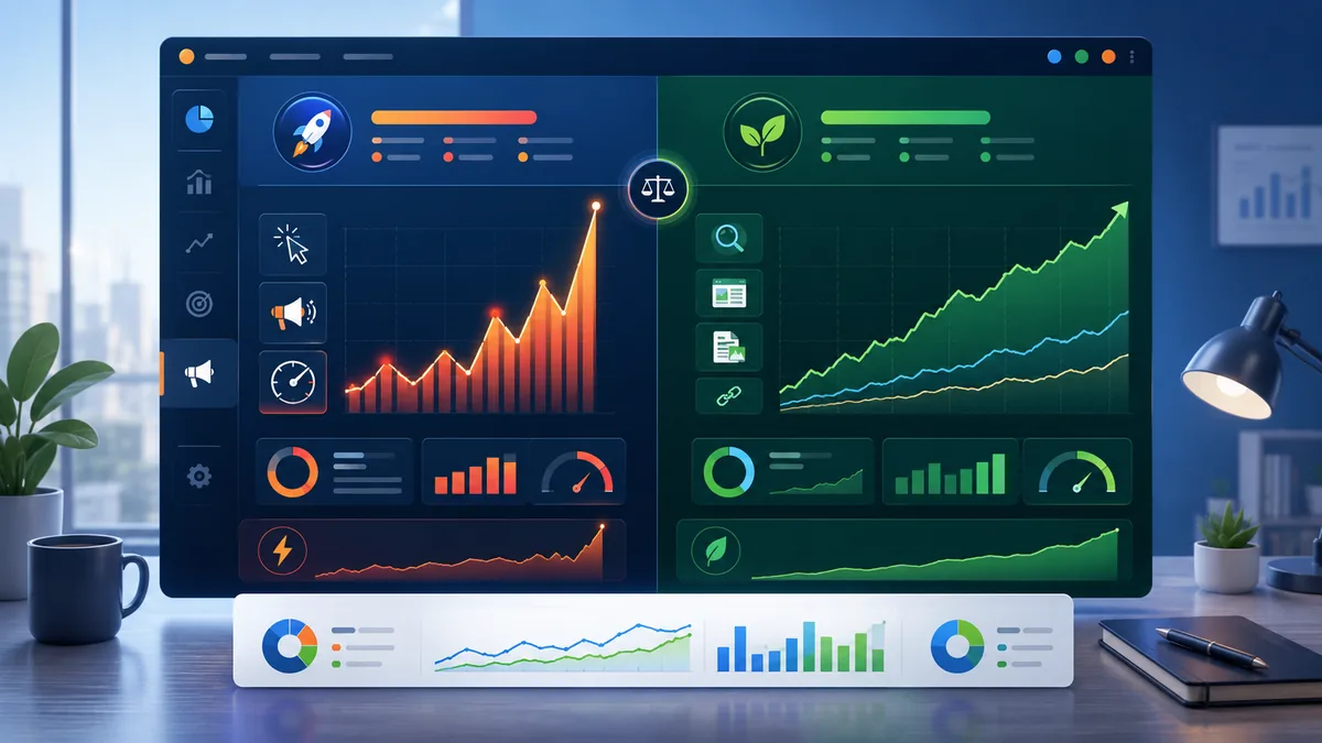 Business marketing dashboard comparing immediate paid traffic with gradual organic growth, no text, no characters, no logos