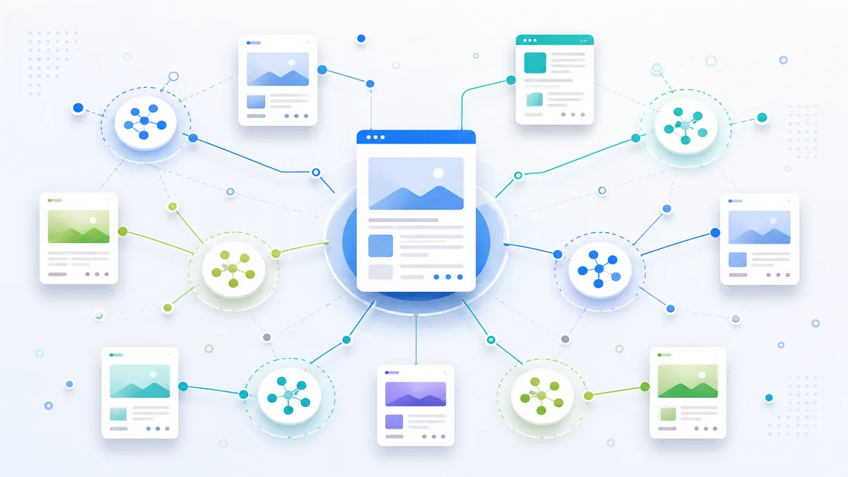 Abstract website content hub with connected article pages, search icons and structured topic clusters, no text, no logos, no characters