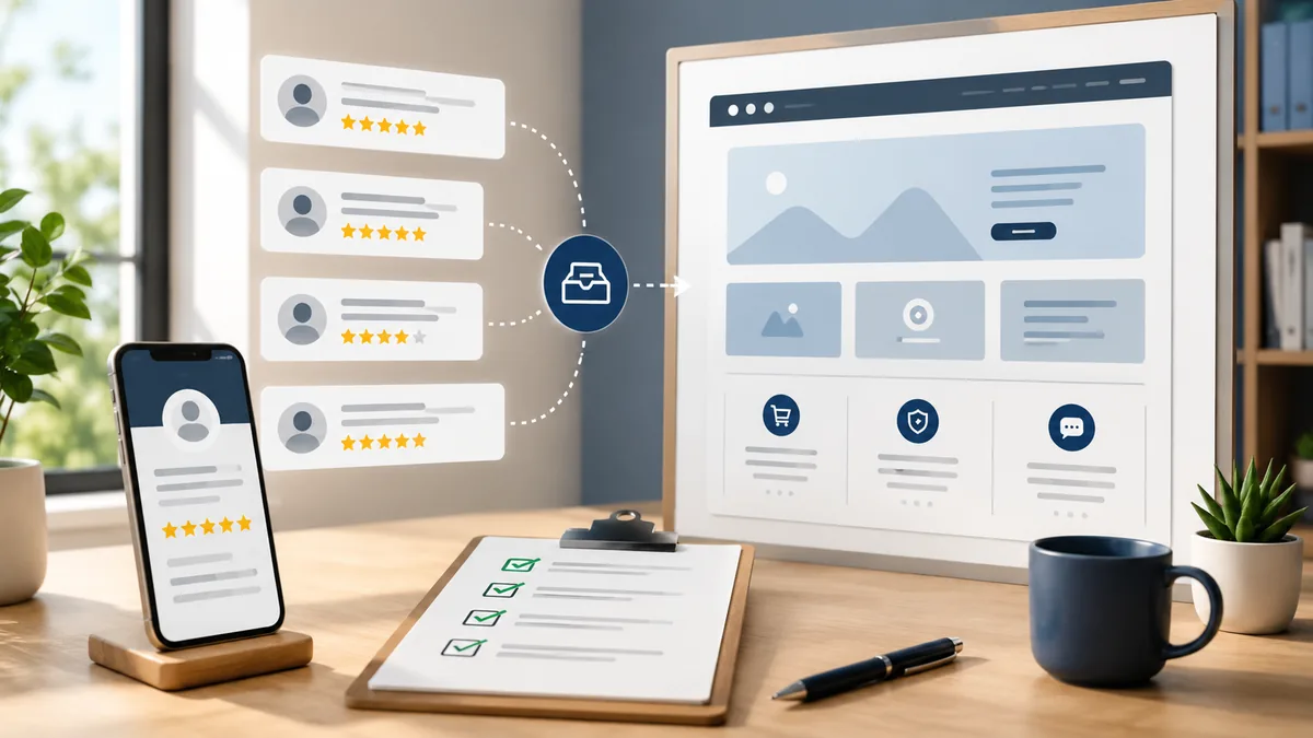 Customer feedback workflow with review cards, smartphone, checklist and website layout mockup, no text, no people, no logos