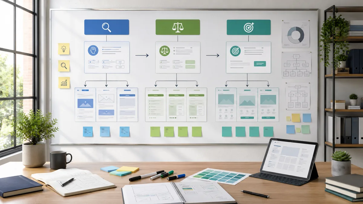 Content strategy board mapping search intent types to blog posts, comparison pages and service landing pages, no text, no logos, no characters