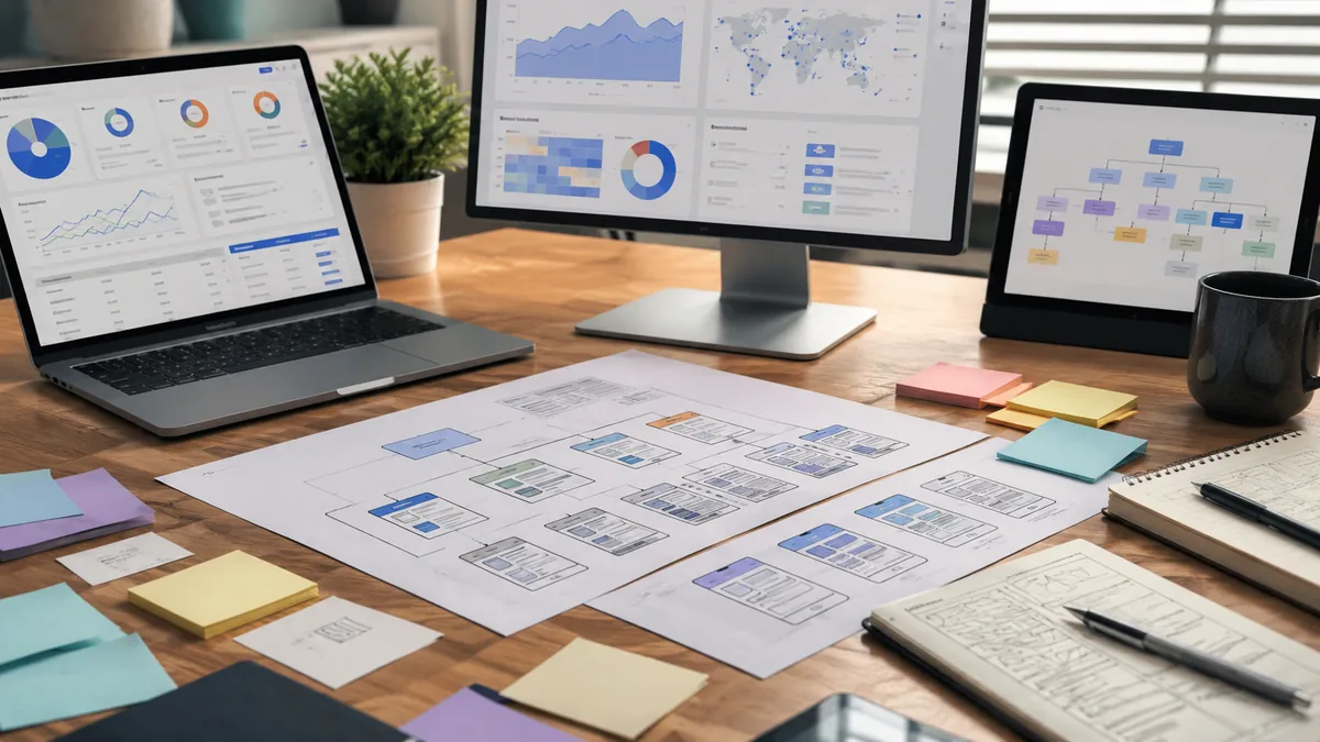 Modern SEO planning workspace with URL maps, website navigation sketches and analytics screens, no text, no logos, no characters