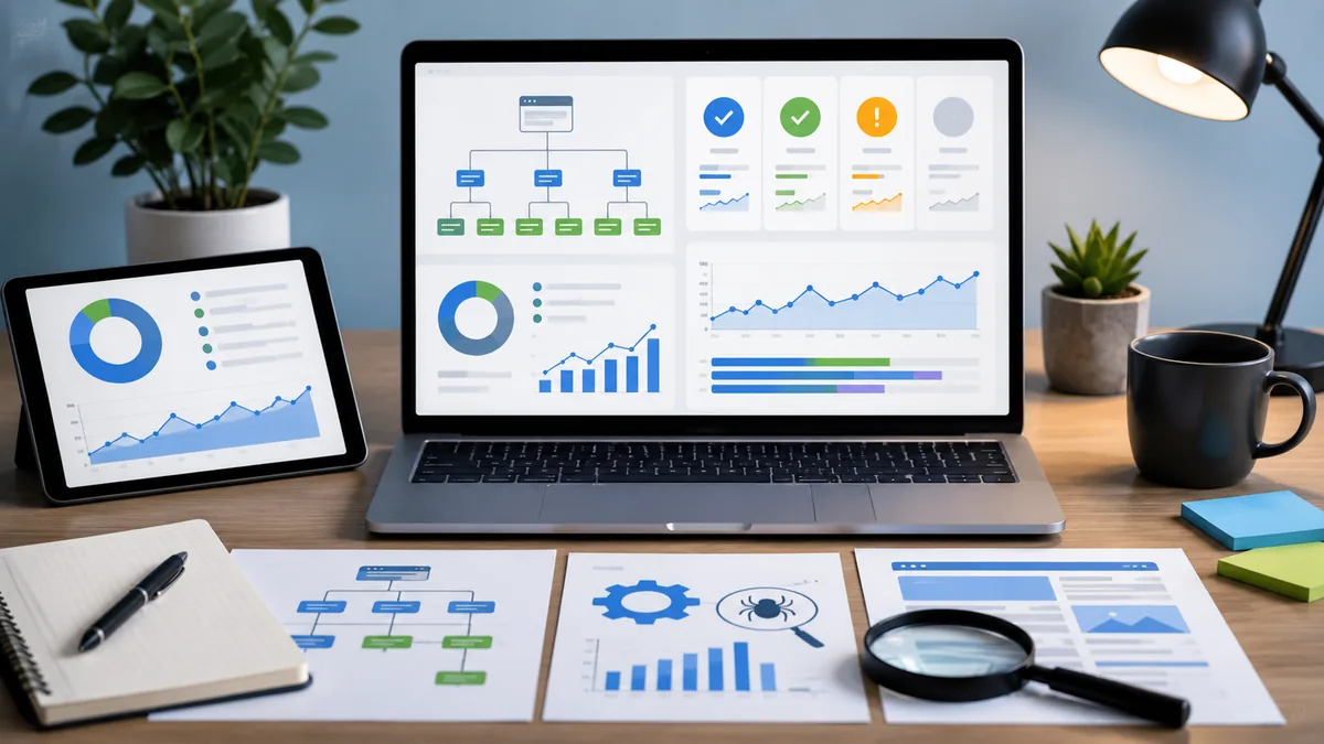 Technical SEO audit workspace with sitemap, indexing reports, and website structure diagram, no text, no people, no logos