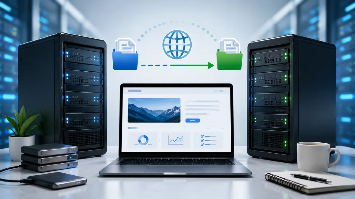 WordPress website migration between two web servers with clean technical dashboard environment, no text, no logos or copyrighted brands