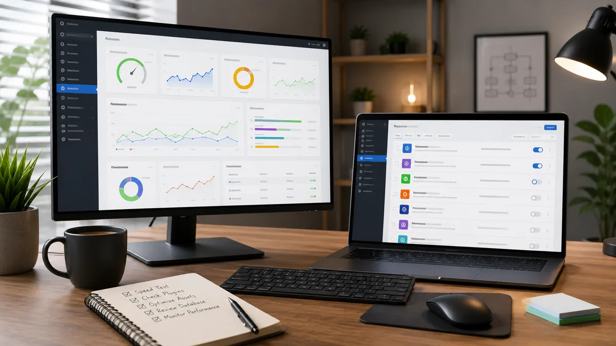 Clean technical workspace showing a website performance dashboard and plugin management interface on computer screens, no text, no logos or copyrighted brands