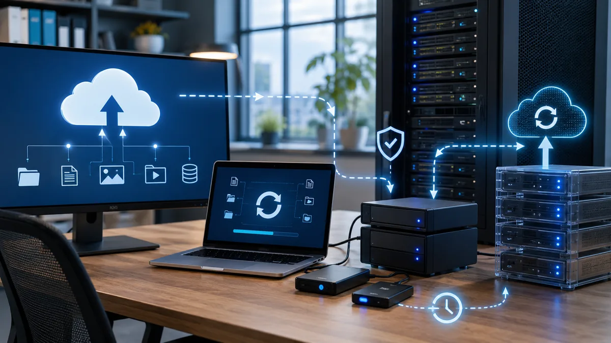 Website backup and disaster recovery workspace with server storage and cloud backup concept, no text, no logos or copyrighted brands