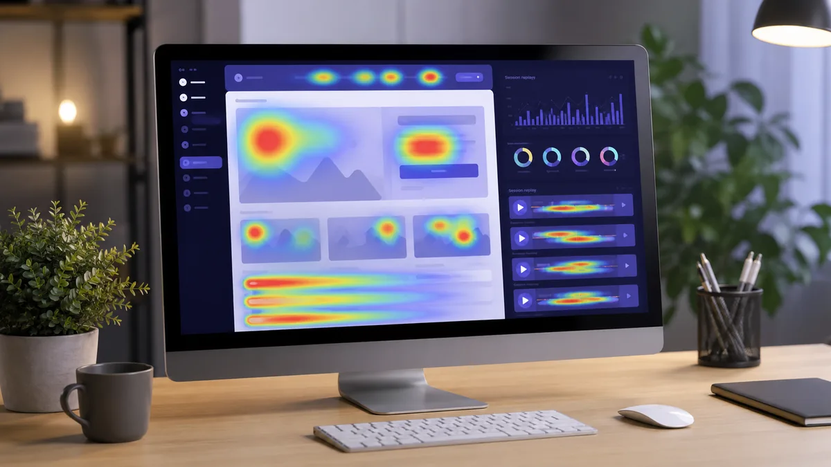 Website analytics workspace showing abstract heatmap patterns and user interaction zones on a desktop interface, no text, no characters, no logos or copyrighted brands