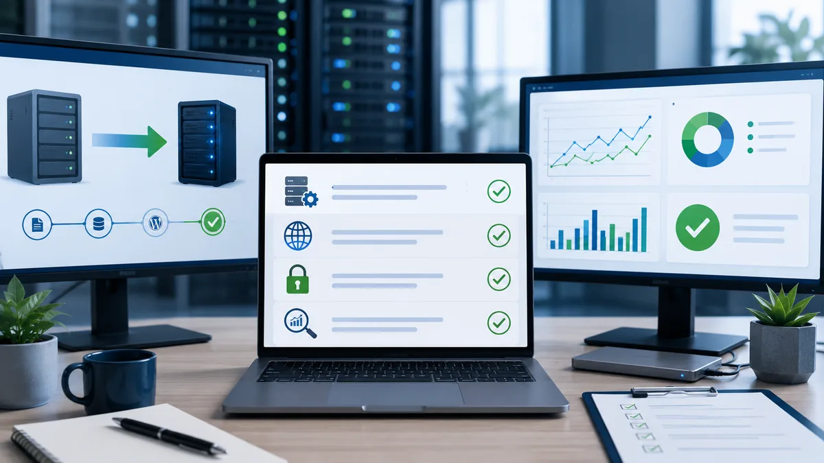 Website migration checklist showing server testing, DNS, SSL and SEO validation on computer screens, no text, no logos or copyrighted brands